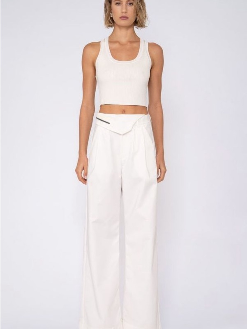 NONchalant White High-Waist Wide-Leg Pants with Folded Waistband